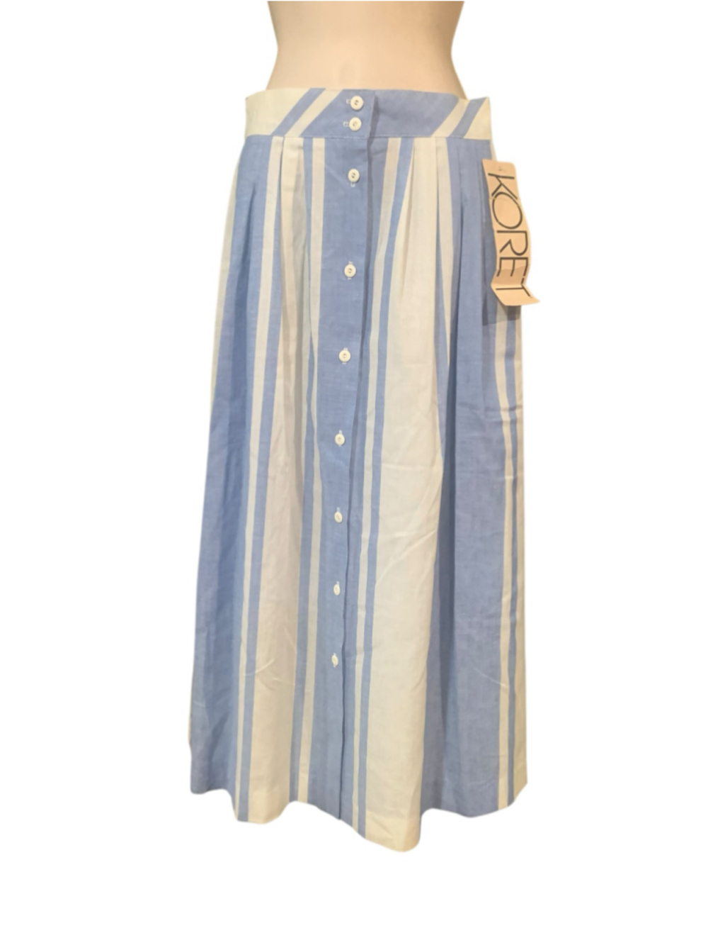 Vtg 80’s NWT Women's Koret Maxi Skirt, Blue and White Striped, Button Front